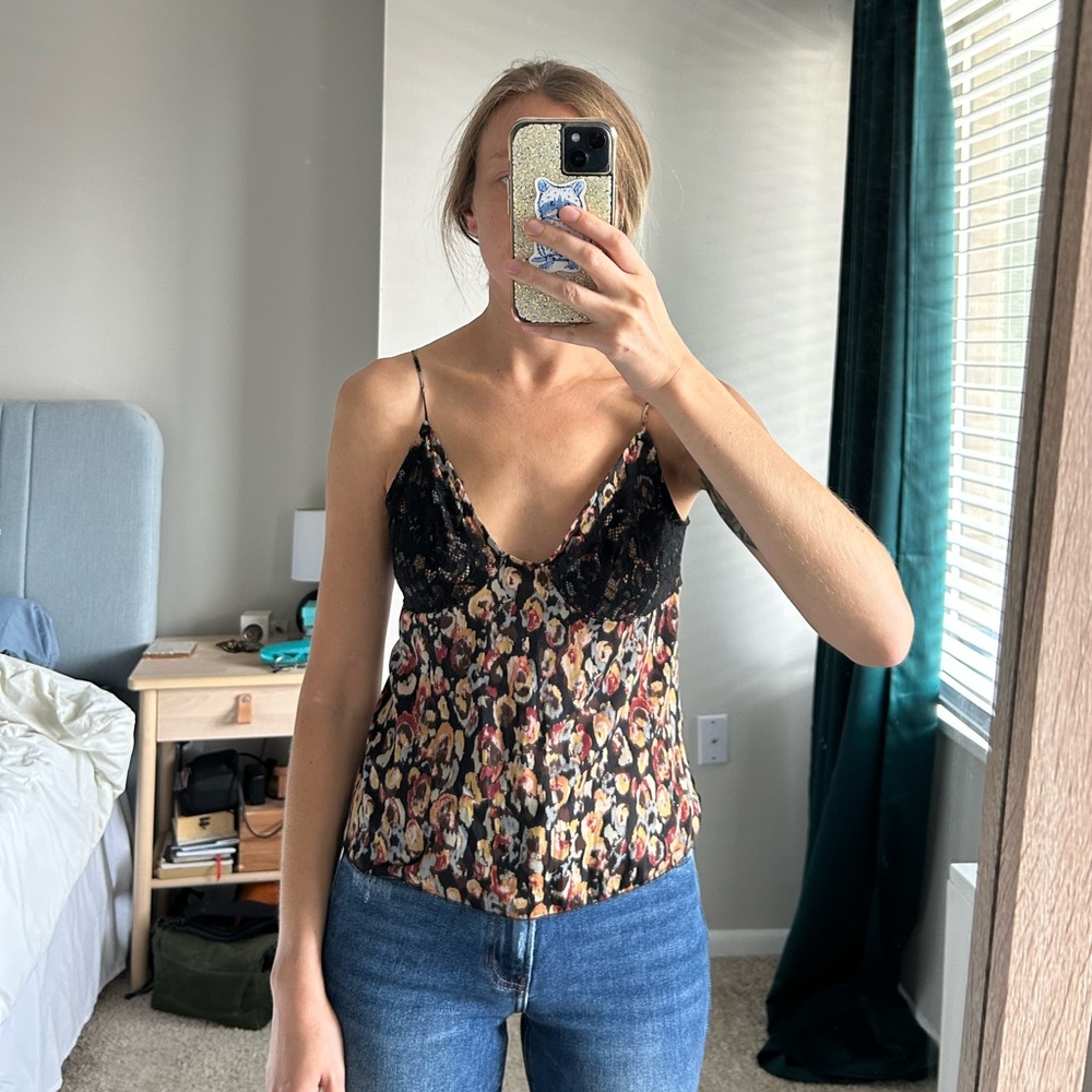 Free People Black Floral Cami with Lace